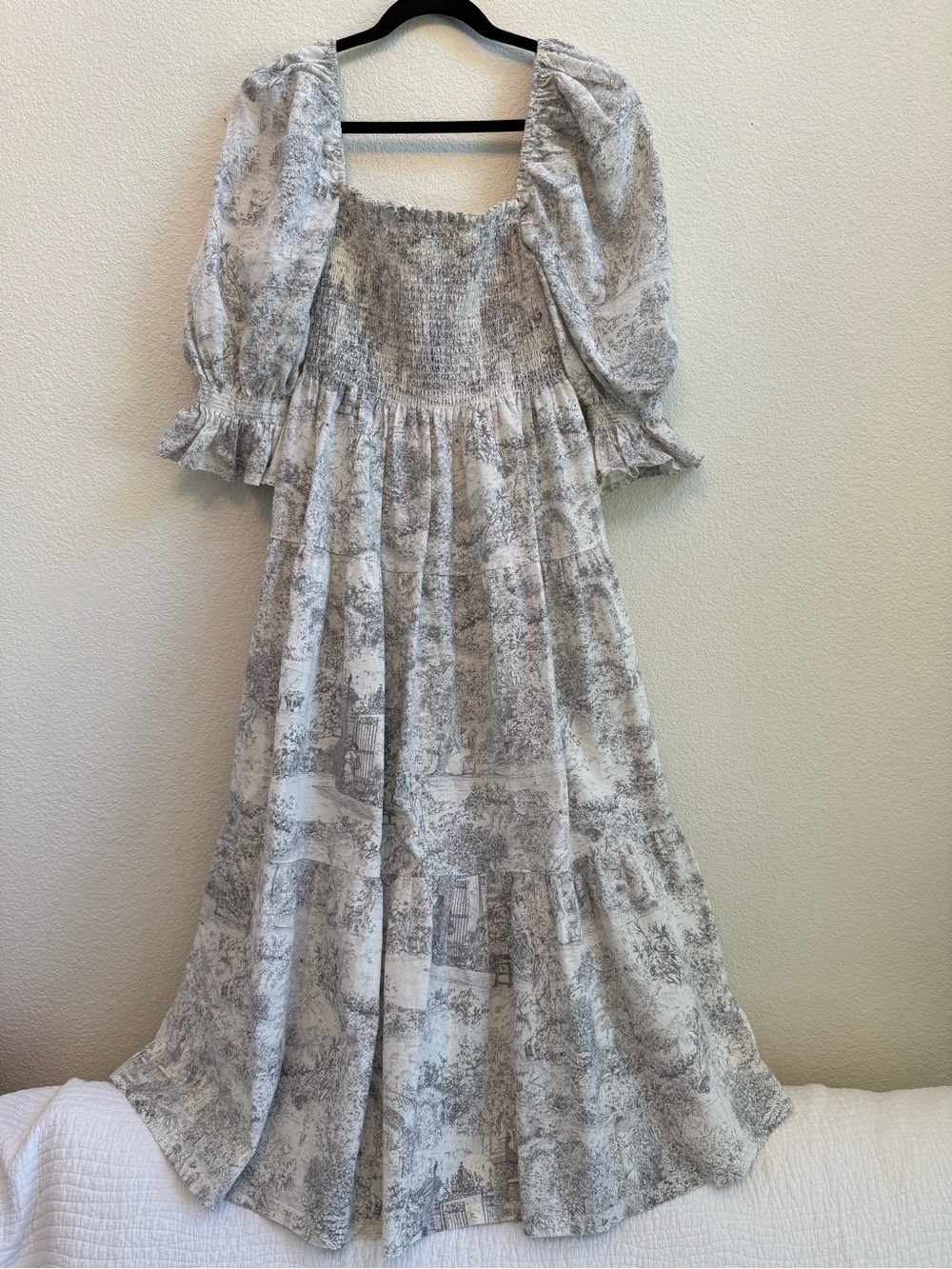 Nothing Fits But Toile Cottagecore Linen Blend Smocked Puff Sleeve Midi Dress L